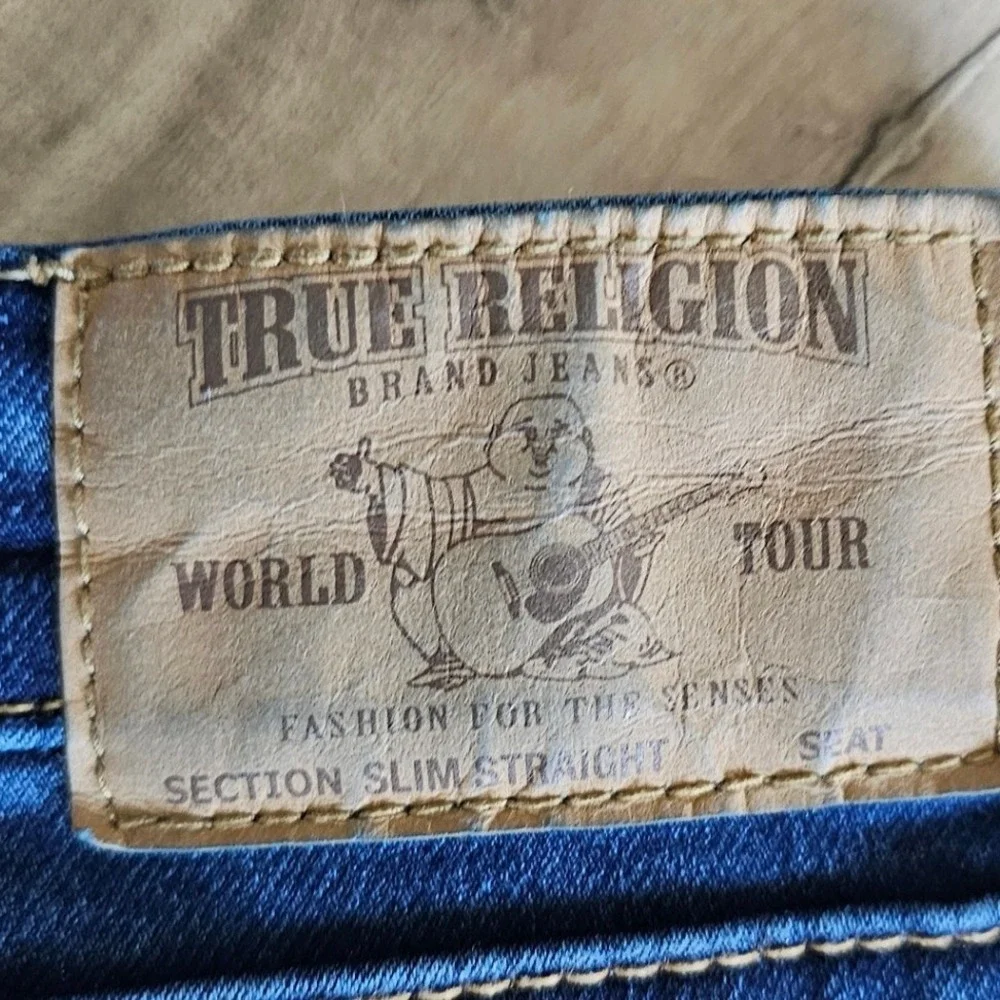 True Religion Mens Slim Straight Distressed Blue Jeans Size 33 Medium Wash